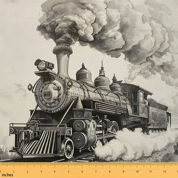 Manfei Vintage Steam Engine Fabric by the Yard (1 Yard), Retro Train Decorative Fabric by the Yard, Transportation Sewing & Crafting Fabric