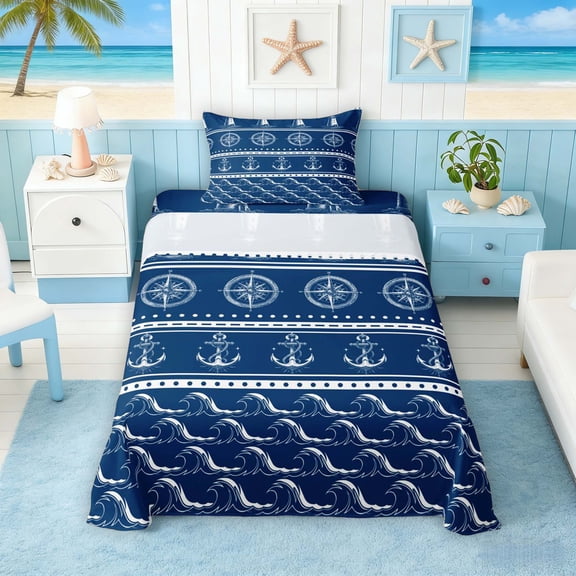 Manfei Vintage Stripe Lighthouse Compass Anchor Wave Twin Sheet Sets for Kids Boys and Girls, Nautical Print Bedding 3-Piece, 1 Flat Sheet, 1 Fitted Sheet and 1 Pillowcase