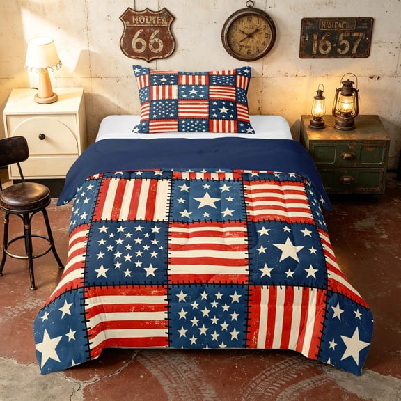 Manfei Vintage Stripe Star Patchwork Twin Comforter Sets, Retro American Flag Bedding Set, Red White Blue, Navy Reversible 2-Piece, 1 Comforter and 1 Pillowcase