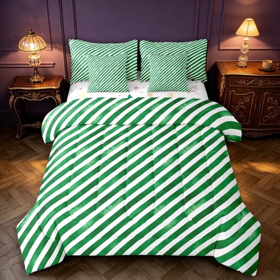 Manfei Vintage Striped Candy 7-Piece Twin Bedding,Farmhouse Christmas Bedding Comforter Set,Green White,Christmas Reversible