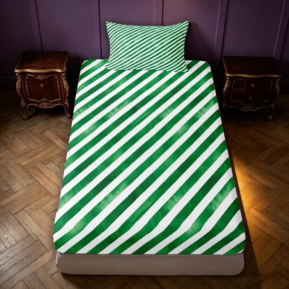Manfei Vintage Striped Candy Twin Fitted Sheet,Farmhouse Christmas Bedding,Green White,2 Pieces,1 Fitted Sheet and 1 Pillowcase
