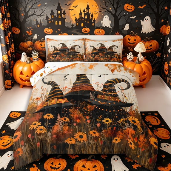Manfei Vintage Striped Witch Hat King Size Comforter Sets 3pcs, Halloween Sunflower Wildflower Bat Comforters King Size, Orange Black Beige,Reversible,1 Comforter and 2 Pillowcases