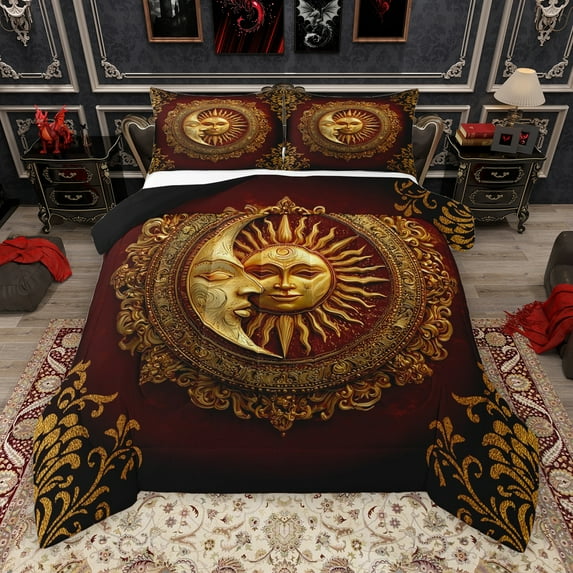 Manfei Vintage Sun Moon Full Size Comforter Sets, Western Bohemian Damask Floral Bedding Comforter Set, Gold Red Reversible Bedding Sets, Microfiber Bedroom Decor, 3-Piece