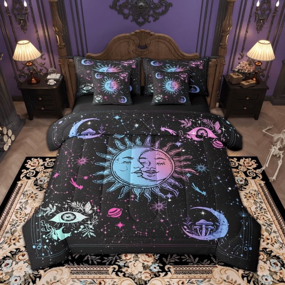 Manfei Vintage Sun Moon Star Bedding Comforter Set, Hippie Hamsa Eye King Bedding Sets, Boho Mushroom Zodiac Bed Sheets, Lightweight Room Decor Reversible 7 Pieces