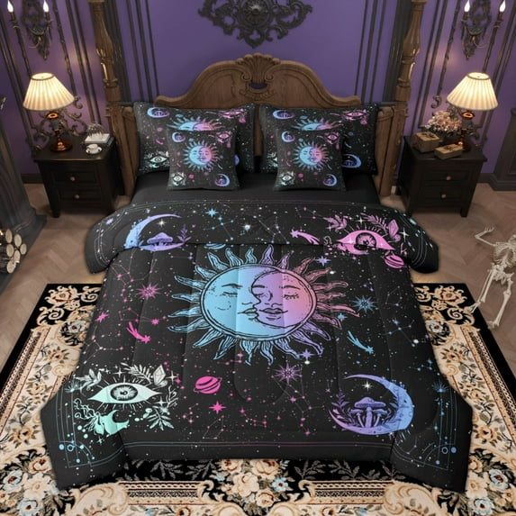 Manfei Vintage Sun Moon Star Bedding Comforter Set, Hippie Hamsa Eye Queen Bedding Sets, Boho Mushroom Zodiac Queen Sheet Sets, Lightweight Room Decor Reversible 7 Pieces
