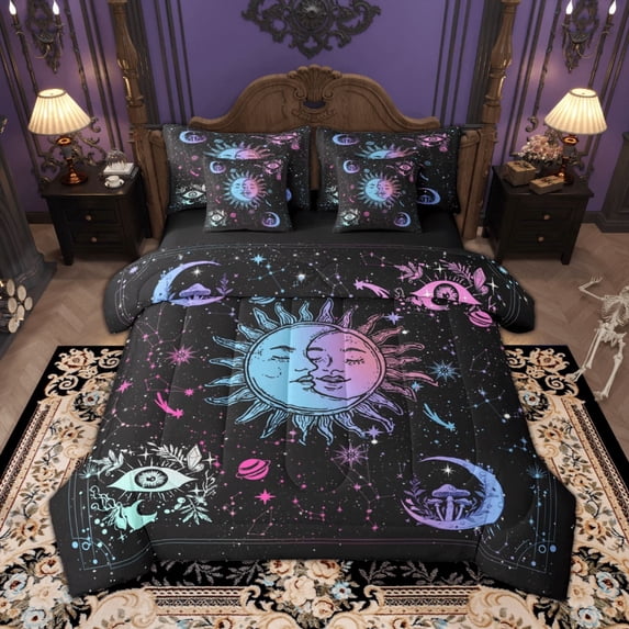 Manfei Vintage Sun Moon Star Twin Bedding Sets, Hippie Hamsa Eye Bedding Comforter Set, Boho Mushroom Zodiac Sheet Sets, Lightweight Room Decor Reversible 7 Pieces