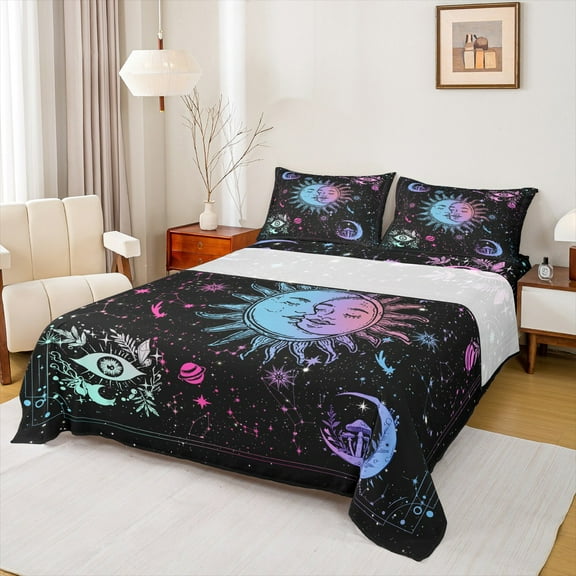 Manfei Vintage Sun Moon Star Twin Sheet Sets, Hippie Hamsa Eye Twin Fitted Sheet, Boho Mushroom Zodiac Flat Sheet, Lightweight Room Decor3 Pieces