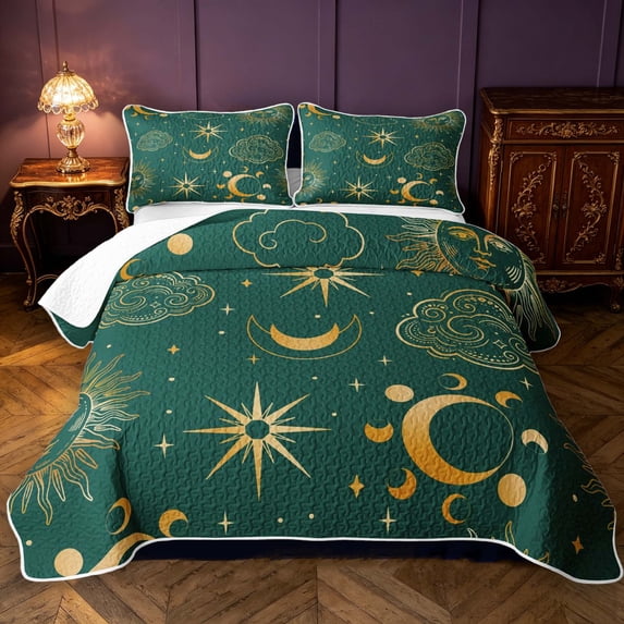 Manfei Vintage Sun Moon Stars Bed Spread Queen,Boho Astrology Theme Queen Coverlet Set,Green,Black Reversible,3pcs,1 Quilt and 2 Pillowcases