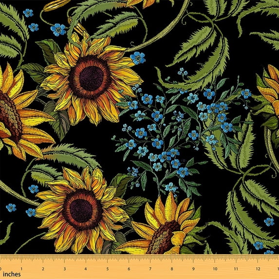 Manfei Vintage Sunflower Fabric by the Yard (1 Yard) for Girls Women, Botanical Blossoms Decorative Fabric by the Yard, Spring Garden Floral Sewing & Crafting Fabric
