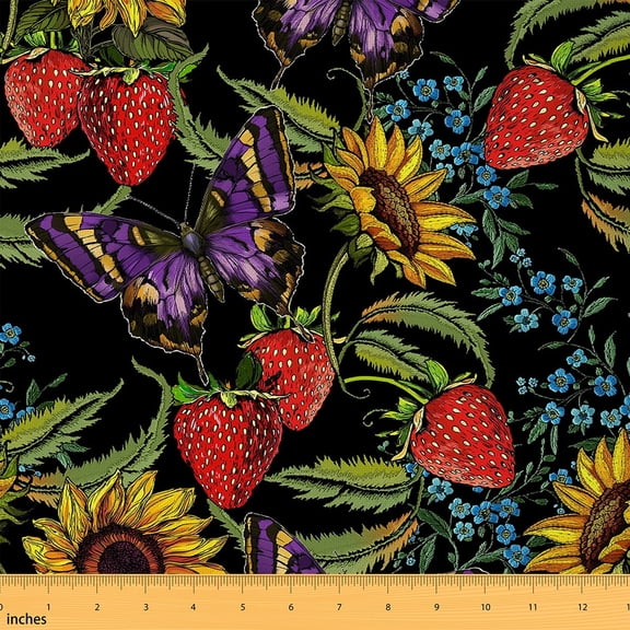 Manfei Vintage Sunflower Sewing & Crafting Fabric (1 Yard) for Girls Women, Botanical Florals Home Decor Fabric by the Yard, Spring Botanical Strawberry DIY Fabric