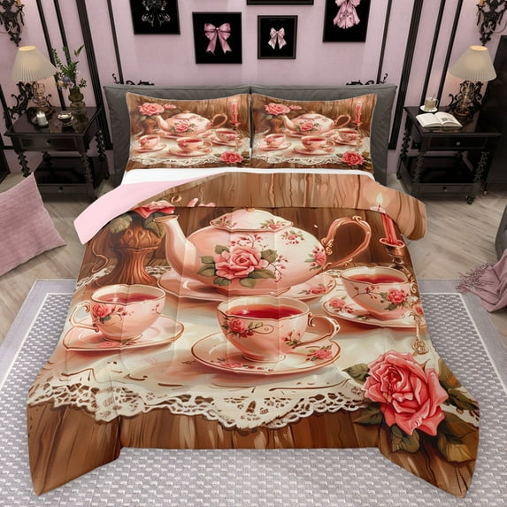 Manfei Vintage Teatime Party Full Size Comforter Sets 3-Piece for Girls Boys,Rustic Cottage Cabin Bedding Comforter Set,Floral Rose Fruit Lightweight Bedding Sets,Luxury Bedroom Decor,Reversible