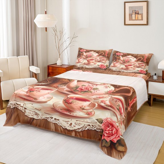 Manfei Vintage Teatime Party Twin Sheet Sets 3pcs for Girls Boys,Rustic Cottage Cabin Twin Fitted Sheet Microfiber,Floral Rose Fruit Breathable Flat Sheet,Luxury Bedroom Decor