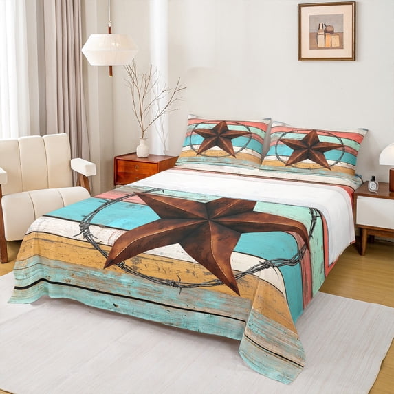 Manfei Vintage Texas Star 4pcs Bed Sheets for Teens Adults,Western Rustic Cabin King Sheets,Exotic Style Super Cozy Sheet Set,Breathable Home Decor