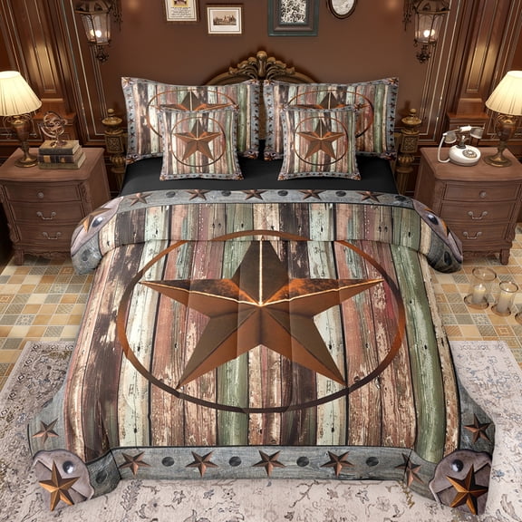 Manfei Vintage Texas Stars 7-Piece Twin Bedding Sets,Rustic Farmhouse Cabin Bedding Comforter Set,Old Barn Door Sheet Sets For Boys Teens,Super Cozy Room Decor Reversible