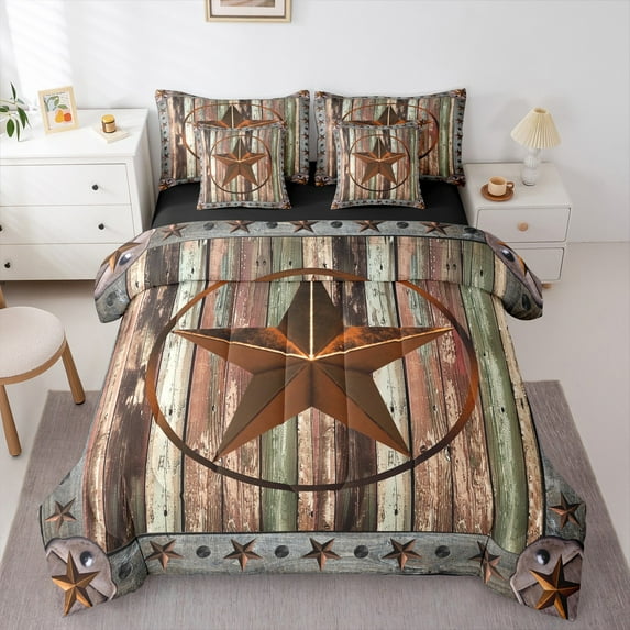 Manfei Vintage Texas Stars 7pcs Bedding Comforter Set,Rustic Farmhouse Cabin Queen Bedding Sets,Old Barn Door Queen Sheet Sets For Boys Teens,Super Cozy Room Decor Reversible