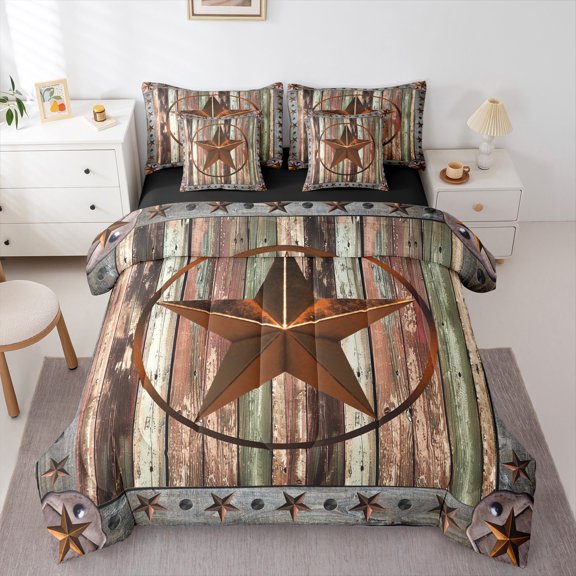 Manfei Vintage Texas Stars 7pcs Bedding Comforter Set,Rustic Farmhouse Cabin Queen Bedding Sets,Old Barn Door Queen Sheet Sets For Boys Teens,Super Cozy Room Decor Reversible