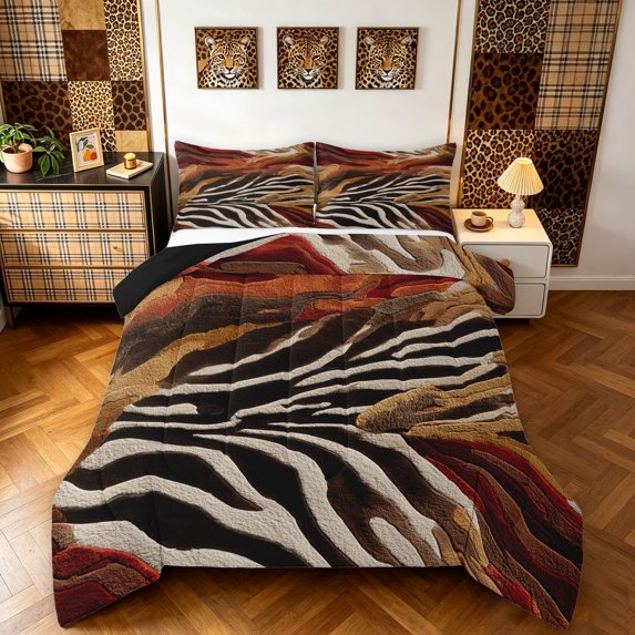 Manfei Vintage Tiger Print Full Size Comforter Sets, Watercolor Marble Art Bedding Comforter Set, Dark Brown White, Black Reversible, 3 Pieces, 1 Comforter and 2 Pillowcases