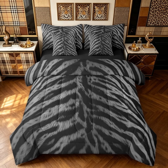 Manfei Vintage Tiger Print Queen Bedding, Tribal Abstract Bedding Comforter Set Queen, Black Gray, Black Reversible, 7 Pieces