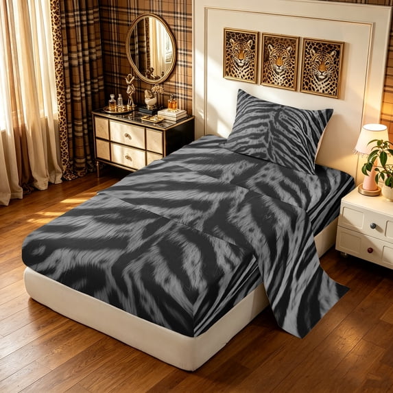 Manfei Vintage Tiger Print Twin Sheets, Tribal Abstract Bedding, Black Gray, 3 Pieces, 1 Flat Sheet, 1 Fitted Sheet and 1 Pillowcase