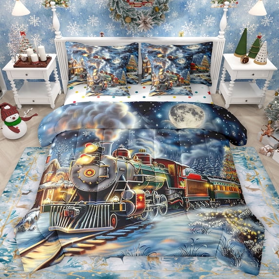 Manfei Vintage Train 7-Piece Bedding Comforter Set,Merry Christmas King Bedding Sets,Steam Engine Bed Sheets For Teens,Luxury Bedroom Decor Reversible
