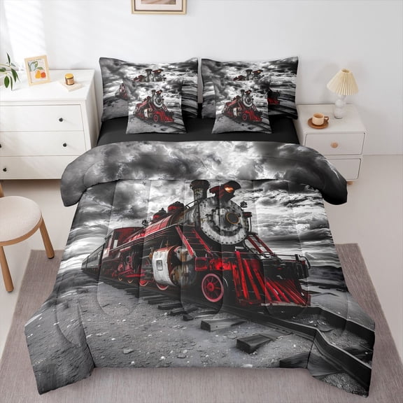Manfei Vintage Train 7-Piece Twin Bedding,Dark Clouds Bedding Comforter Set,Black Red,Black Reversible