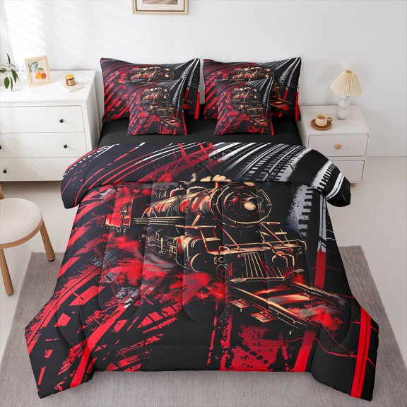 Manfei Vintage Train 7-Piece Twin Bedding,Railroad Tracks Pattern Bedding Comforter Set,Red,Black Reversible