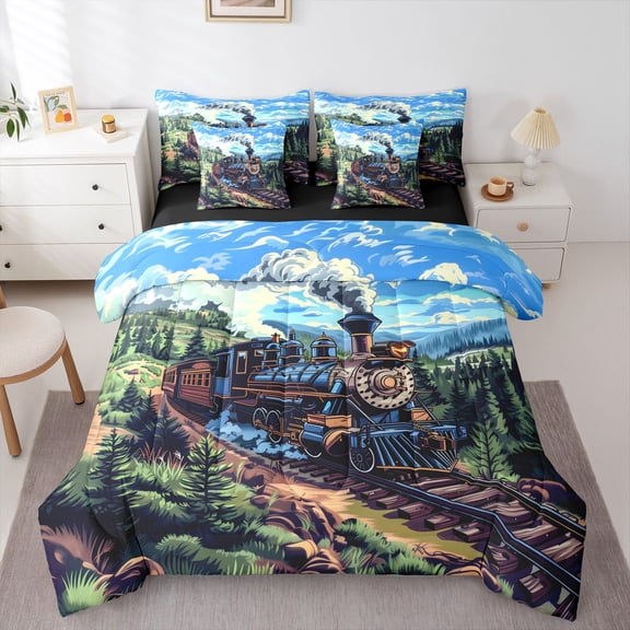 Manfei Vintage Train 7 Pieces Full Size Bedding Sets,Green Pine Trees Full Size Bed in a Bag,Black Reversible