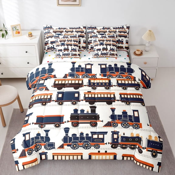 Manfei Vintage Train 7 Pieces Full Size Bedding Sets,Retro Boys Art Full Size Bed in a Bag,White,Polkadot Reversible