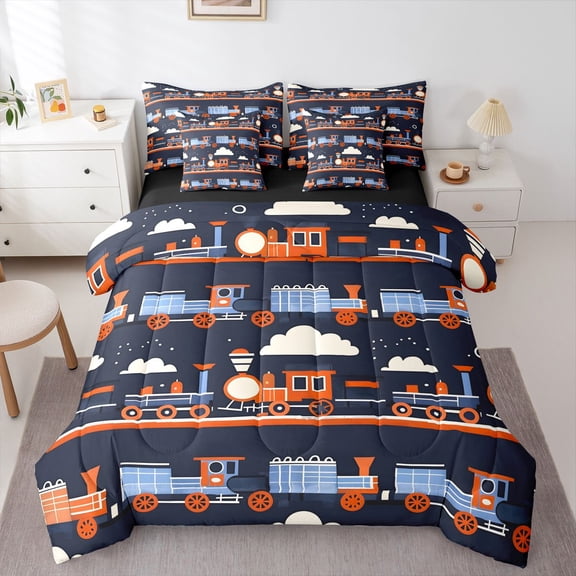 Manfei Vintage Train 7 Pieces Full Size Bedding Sets,White Cloud Pattern Full Size Bed in a Bag,Black Reversible