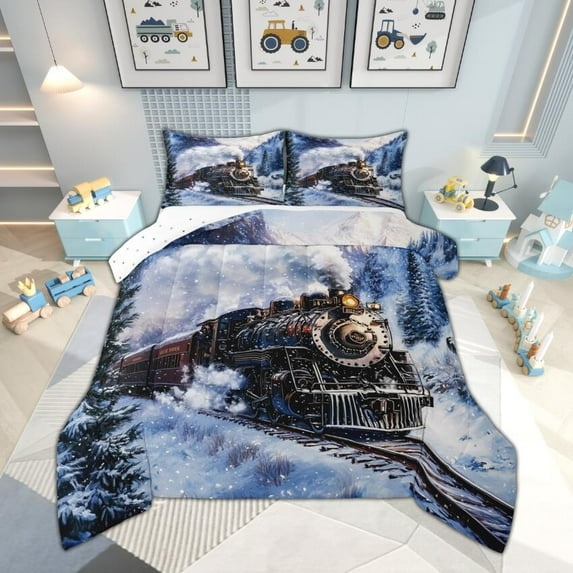 Manfei Vintage Train Bedding Comforter Set for Kids Boys Girls, Steam Engine Transportation Twin Comforter Sets, Winter Snow Pine Tree Bedding Set, Microfiber Room Decor Reversible 2 Pieces