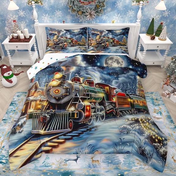 Manfei Vintage Train Bedding Comforter Set,Merry Christmas Twin Comforter Sets,Steam Engine Bedding Set For Teens,Luxury Bedroom Decor Reversible,2pcs