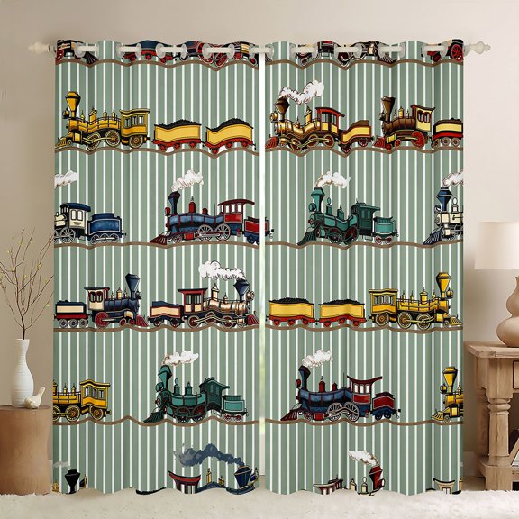 Manfei Vintage Train Kitchen Curtains,Green Line Pattern Black Out Curtains Pack of 2 (42x63 Each)