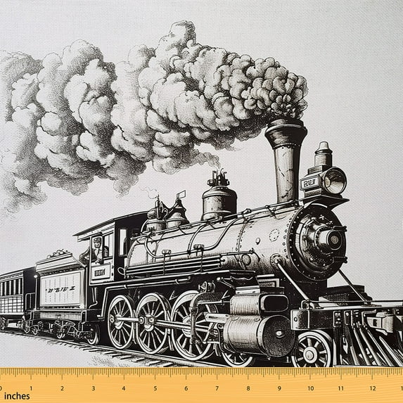 Manfei Vintage Train Sewing & Crafting Fabric (1 Yard), Transportation Theme Home Decor Fabric by the Yard, Steam Engine DIY Fabric