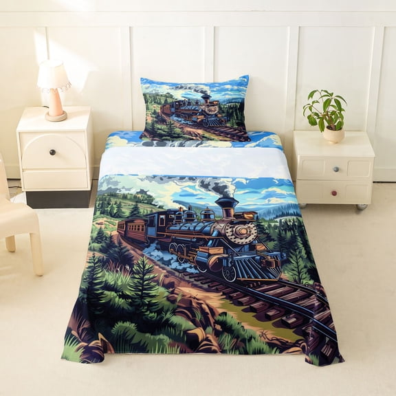 Manfei Vintage Train Twin Sheets,Green Pine Trees Bedding,3-Piece,1 Fitted Sheet and 1 Pillowcase