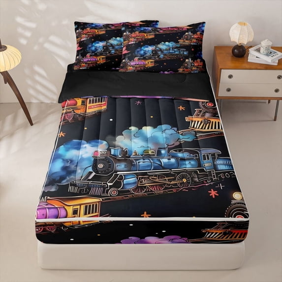 Manfei Vintage Train Zipper Twin Comforter Sets with Fitted Sheet and 2 Pillowcases,Colorful Railway Zipper Bedding Set,Black Reversible,4pcs