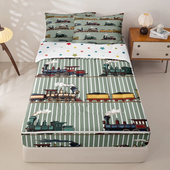 Manfei Vintage Train Zipper Twin Comforter Sets with Fitted Sheet and 2 Pillowcases,Green Line Pattern Zipper Bedding Set,Polkadot Reversible,4pcs
