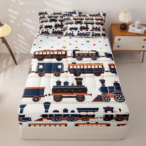 Manfei Vintage Train Zipper Twin Comforter Sets with Fitted Sheet and 2 Pillowcases,Retro Boys Art Zipper Bedding Set,White,Polkadot Reversible,4pcs