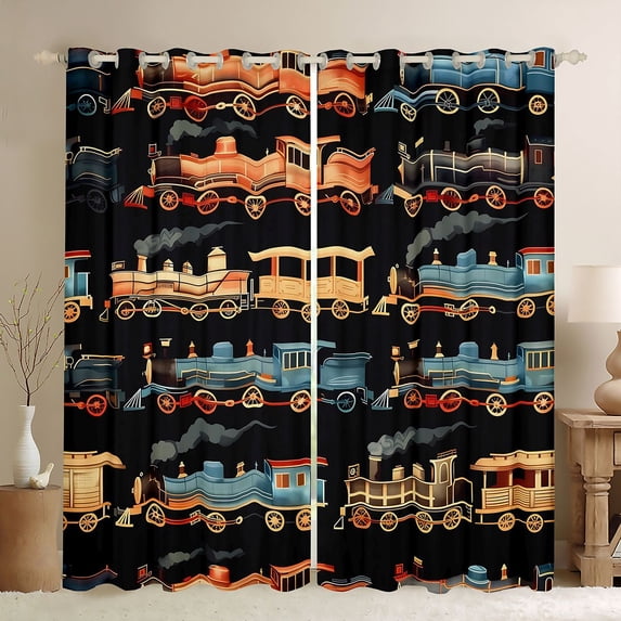 Manfei Vintage Trains Blackout Curtains Set of 2 (52x84 Each),Cartoon Car Print Curtain,Black