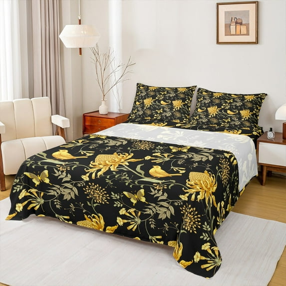 Manfei Vintage Tropical Floral Twin Sheet Sets 3pcs, Wild Bird Animal Twin Fitted Sheet, Botanical Plant Leaves Flat Sheet, Ultra Soft Black Room Decor