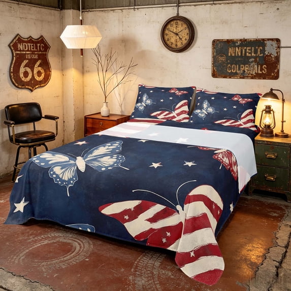 Manfei Vintage US Flag Butterfly Queen Sheets, Patriotic Independence Day Queen Sheet Sets, Red White Blue, Black Reversible 4pcs (1 Flat Sheet, 1 Fitted Sheet and 2 Pillowcases)