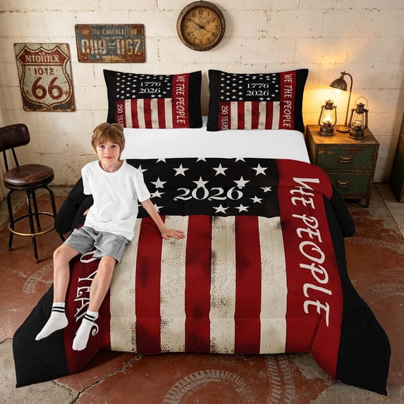 Manfei Vintage US Flag Full Size Comforter Sets, We The People 250 Years Print Bedding Comforter Set, Black, Black Reversible 3 Pieces, 1 Comforter and 2 Pillowcases