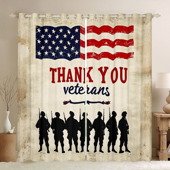 Manfei Vintage US Flag Kitchen Curtains, Thank You Veterans Print Black Out Curtains Pack of 2 (42x63 Each), Red Navy Beige