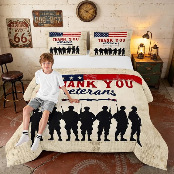 Manfei Vintage US Flag Queen Comforter Set, Thank You Veterans Print Comforter Sets Queen, Red Navy Beige, Gray Reversible 3pcs, 1 Comforter and 2 Pillowcases