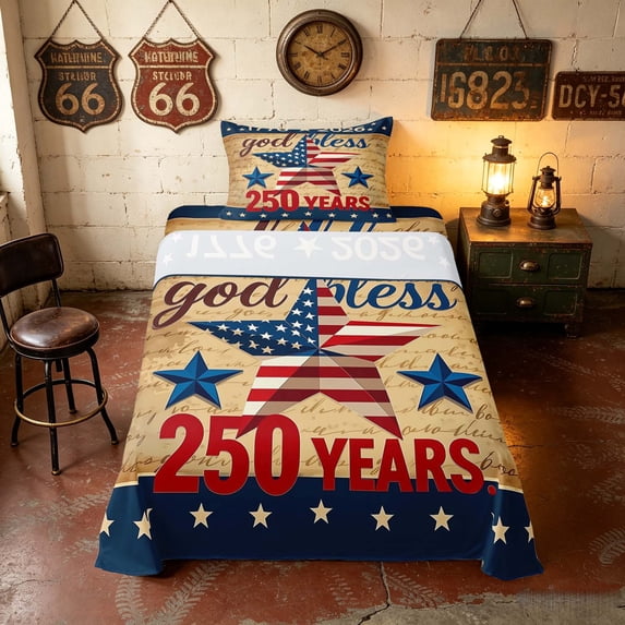 Manfei Vintage US Flag Stars Twin Sheets, Patriotic 250 Years Print Bedding, Multicolor, Navy Reversible 3pcs (1 Flat Sheet, 1 Fitted Sheet and 1 Pillowcase)
