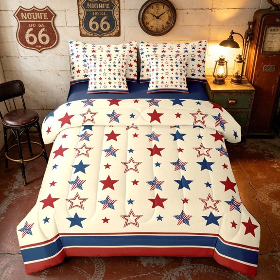 Manfei Vintage USA Flag Twin Bedding, Retro Red White Blue Stars Bedding Comforter Set, Cream, Navy Reversible 7 Pieces