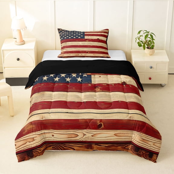 Manfei Vintage Us Flag Twin Comforter Sets,Rustic Farmhouse Lodge Bedding Set,Brown Red,Black Reversible,2-Piece,1 Comforter and 1 Pillowcase