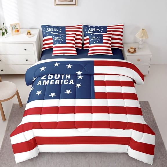Manfei Vintage Usa Flag 7pcs Queen Bedding,Red Strips Bedding Comforter Set Queen,Navy Blue Reversible