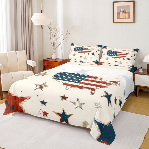 Manfei Vintage Usa Flag Queen Sheets,Patriotic Stars Queen Sheet Sets,Beige Red,4 Pieces,1 Flat Sheet, 1 Fitted Sheet and 2 Pillowcases