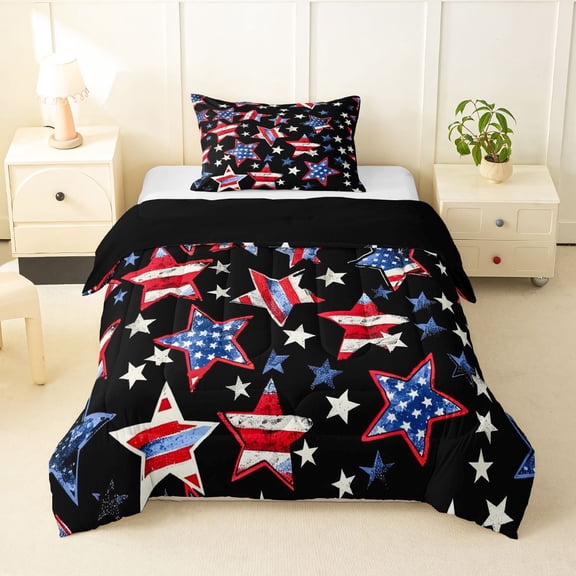 Manfei Vintage Usa Flag Stars Twin Comforter Sets,Red White Navy Bedding Set,Black Reversible,2pcs,1 Comforter and 1 Pillowcase