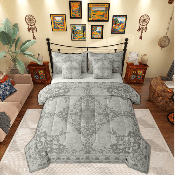 Manfei Vintage Victorian Flower 7-Piece Bedding Comforter Set,Damask Theme King Bedding Sets,Gray Bed Sheets For Teens,Luxury Bedroom Decor Reversible